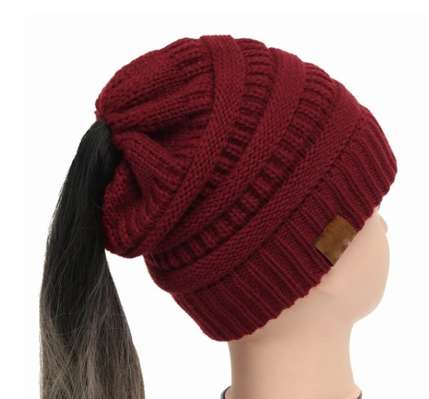 High Bun Ponytail Beanie Hat Chunky Soft Stretch Cable Knit Warm Fuzzy Lined Skull Beanie Acrylic Hats Men And Women - Carvan Mart