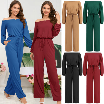 Casual Off-shoulder High Waist Lantern Sleeve Winter Jumpsuit - - Jumpsuits & Rompers - Carvan Mart