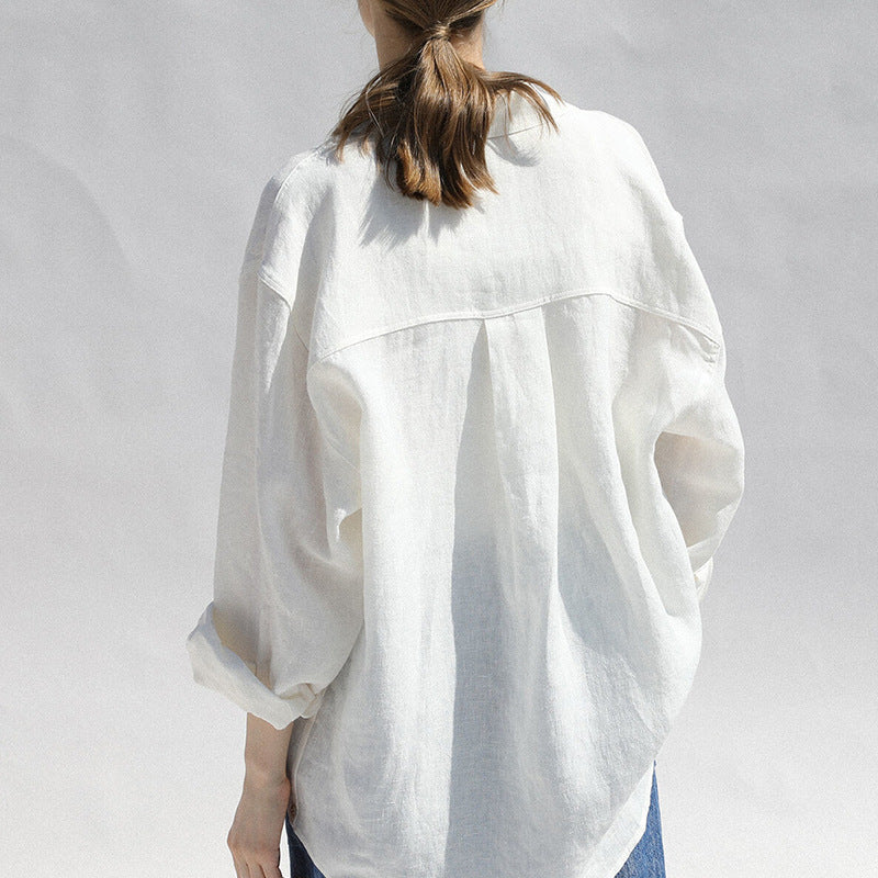 Pure Linen Shirt Turn-down Collar Coat Women - - Women's Linen - Carvan Mart