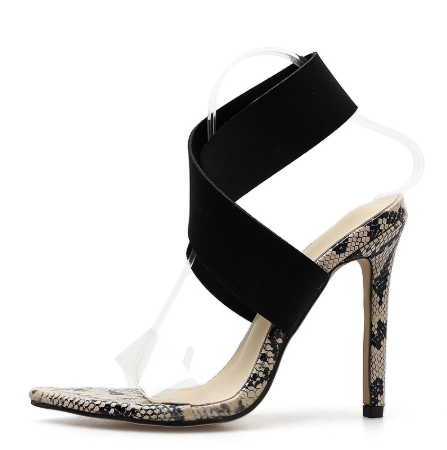 Stylish Snakeskin Pointed Toe Stiletto Heels with Cross Strap Design - - High Heels - Carvan Mart