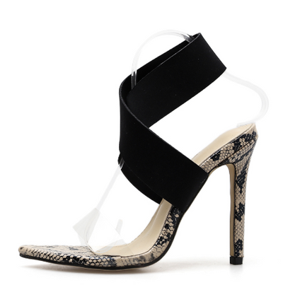 Stylish Snakeskin Pointed Toe Stiletto Heels with Cross Strap Design - Carvan Mart