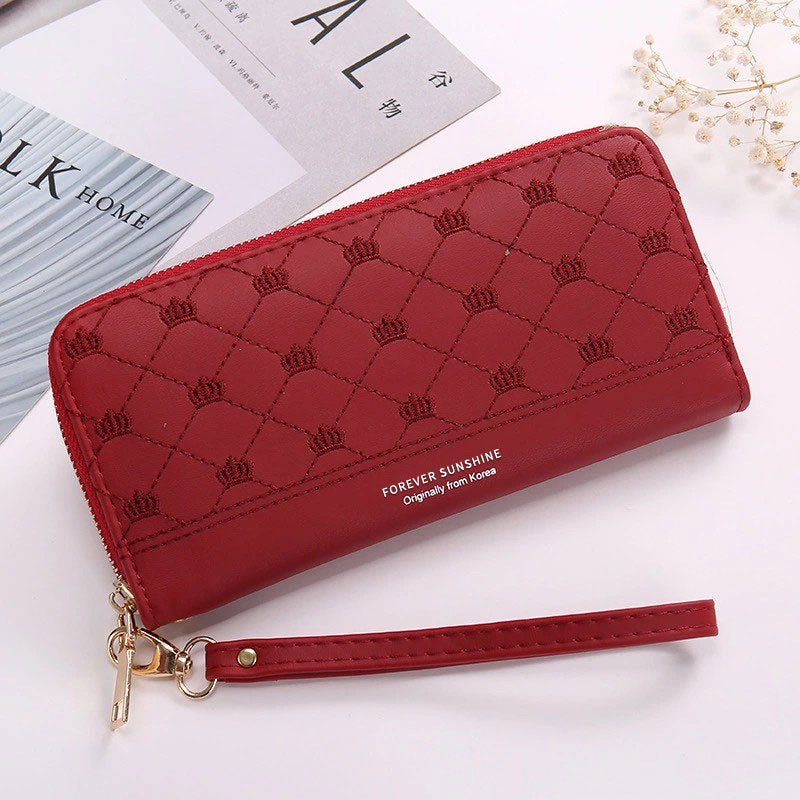 Long Crown Embroidery Thread Single Zip Clutch Wallet Women - Red - Women's Wallet - Carvan Mart