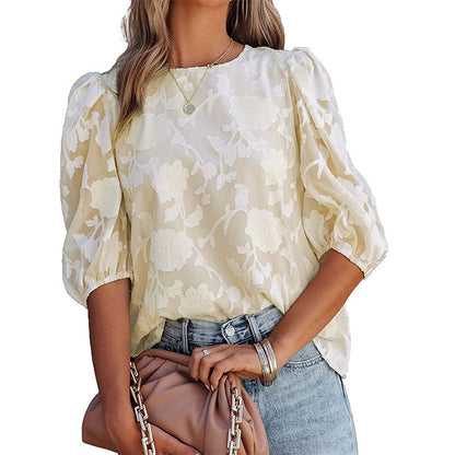 Women's Puff Sleeve Chiffon Loose Top Flower Texture Shirt
