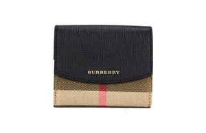 Burberry Luna Black Grained Leather House Check Canvas Coin Pouch Snap Wallet - Black - - Burberry