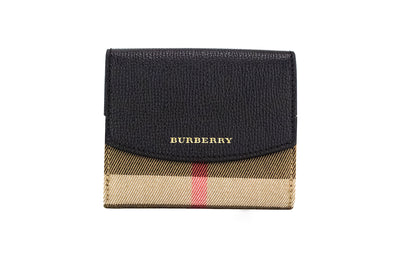 Burberry Luna Black Grained Leather House Check Canvas Coin Pouch Snap Wallet - Black - - Burberry