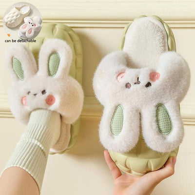 Cute Rabbit Shoes Winter Fuzzy Slippers Women Detachable Washable Shoes - Carvan Mart