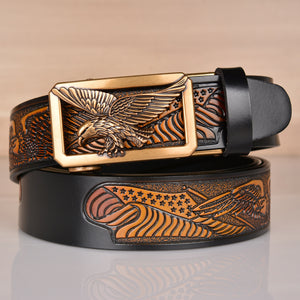 Leather Men's Belt Eagle Embossed - Black bronze buckle - Men's Belts - Carvan Mart