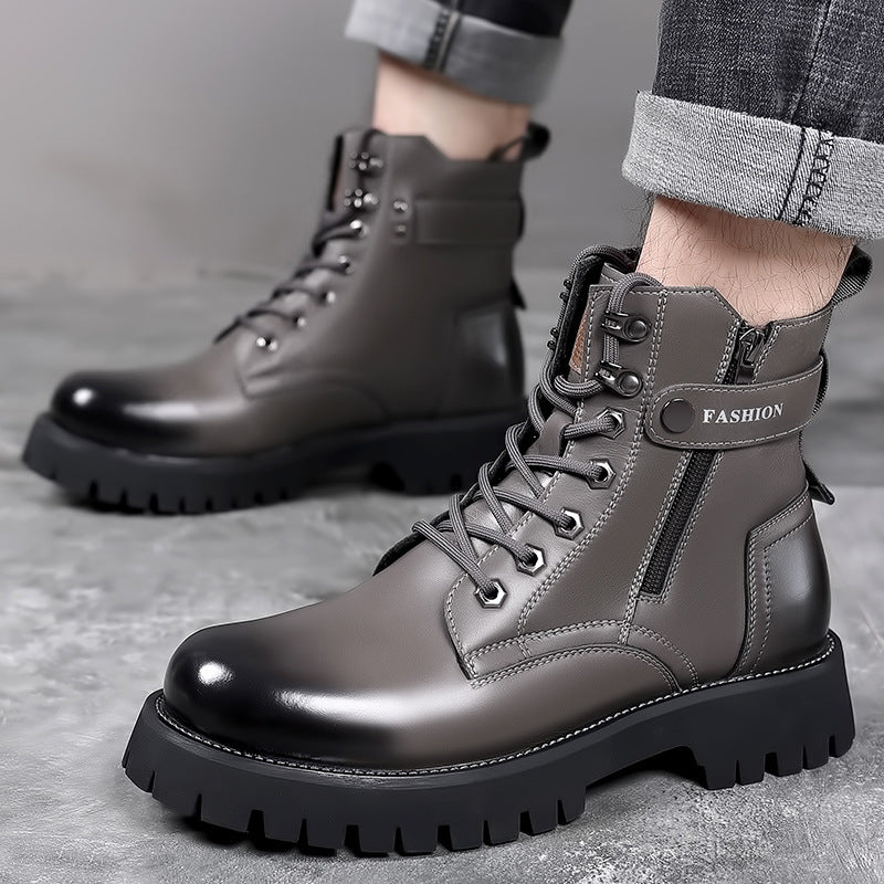 Mens Fashion Thick-soled High-top Wearable Martin Boots - Grey Wool - Men's Boots - Carvan Mart