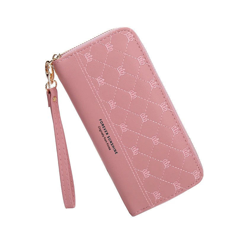 Long Crown Embroidery Thread Single Zip Clutch Wallet Women - Carvan Mart