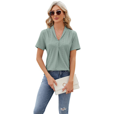 V-neck Hollow T-shirt Women's Summer Loose Short-sleeve Top - Bean Green - Blouses & Shirts - Carvan Mart