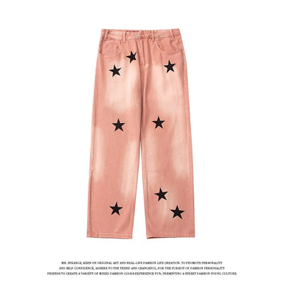 American Style Retro Street XINGX Printed Jeans Straight Casual Distressed Long Pants - Carvan Mart