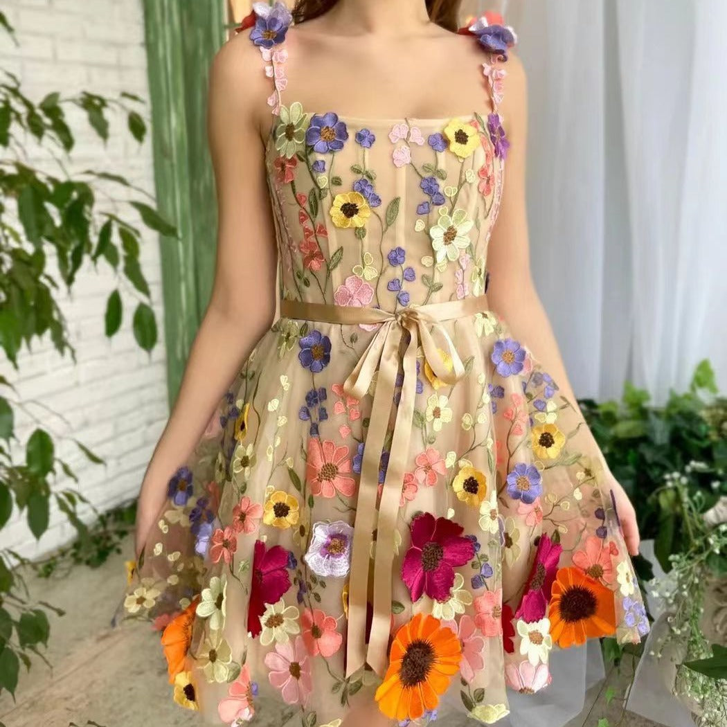 Floral Summer Dresses For Women Embroidery Dress Sweet A-line Suspender Dress - - Dresses - Carvan Mart