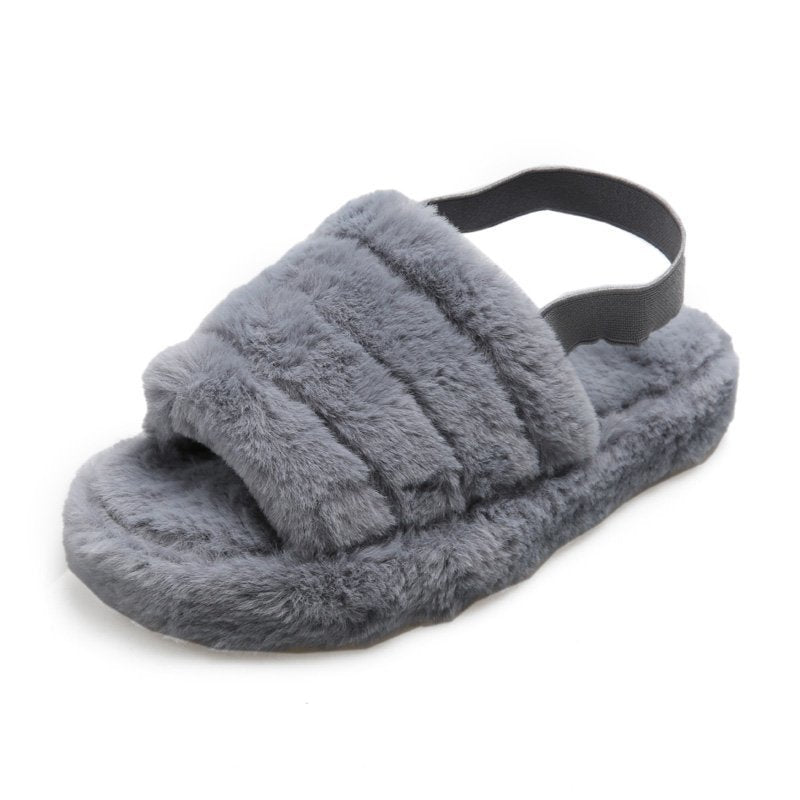 Women's Faux Fur Mule Slippers Wool Slippers Wedge Heel Warm Sandals - Grey - Women's Slippers - Carvan Mart