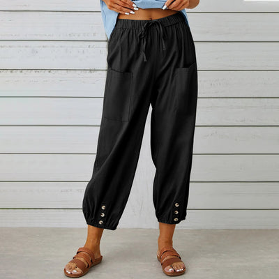 Women's Drawstring Tie Pants Cotton And Linen Trousers - Black - Pants & Capris - Carvan Mart