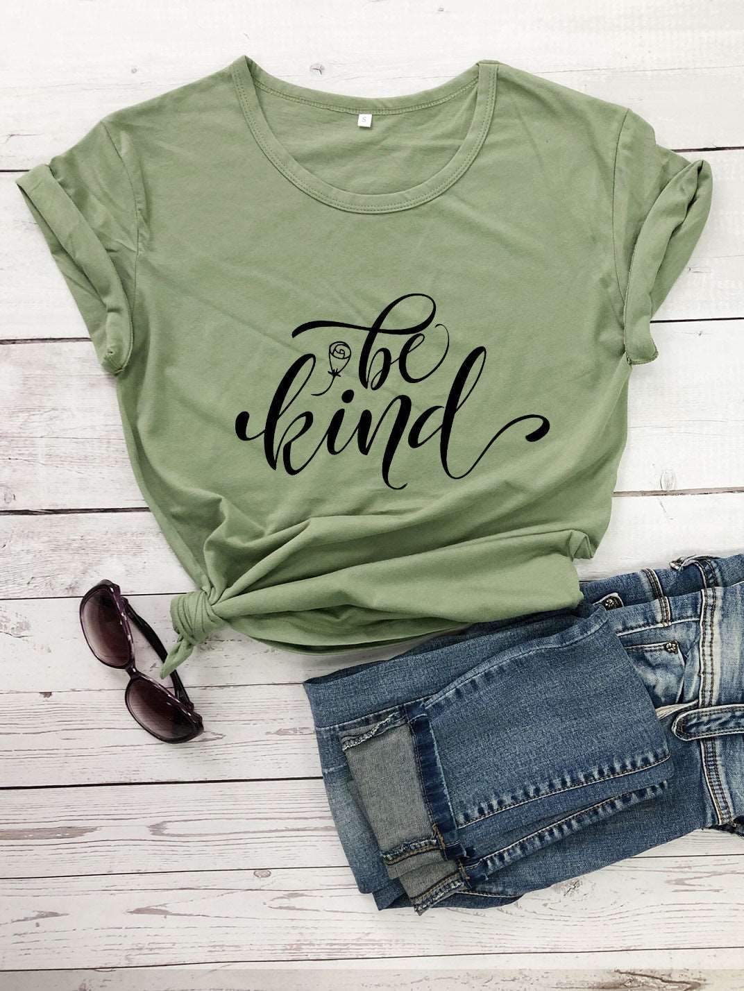 Be Kind Rose Style Short Sleeve European And American Street Leisure T-shirt - Olive Black - Winter Tops - Carvan Mart