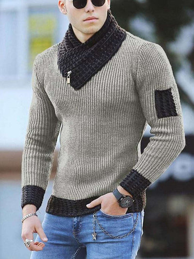 Casual Slim Knit Pullover Long Sleeve Scarf Collar Sweater Men's - Khaki - Men's Sweaters - Carvan Mart