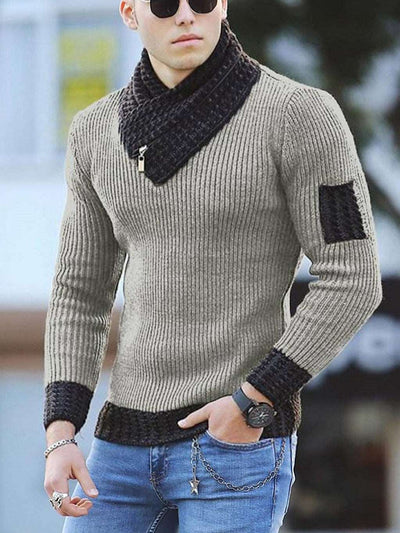 Casual Slim Knit Pullover Long Sleeve Scarf Collar Sweater Men's - Carvan Mart