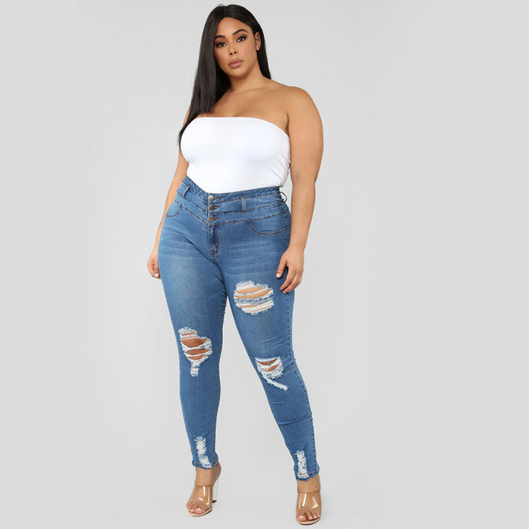 Curvy Women Jeans High Waist Ripped Plus Size Fat Jeans Pant - Carvan Mart