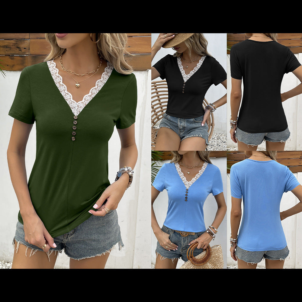 Stylish Women's Blouses Lace V-neck Patchwork Short-sleeve T-shirt - Carvan Mart
