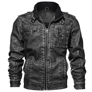 Men PU Leather Jacket Casual Thick Motorcycle Winter Windproof Coat - Black - Genuine Leather - Carvan Mart