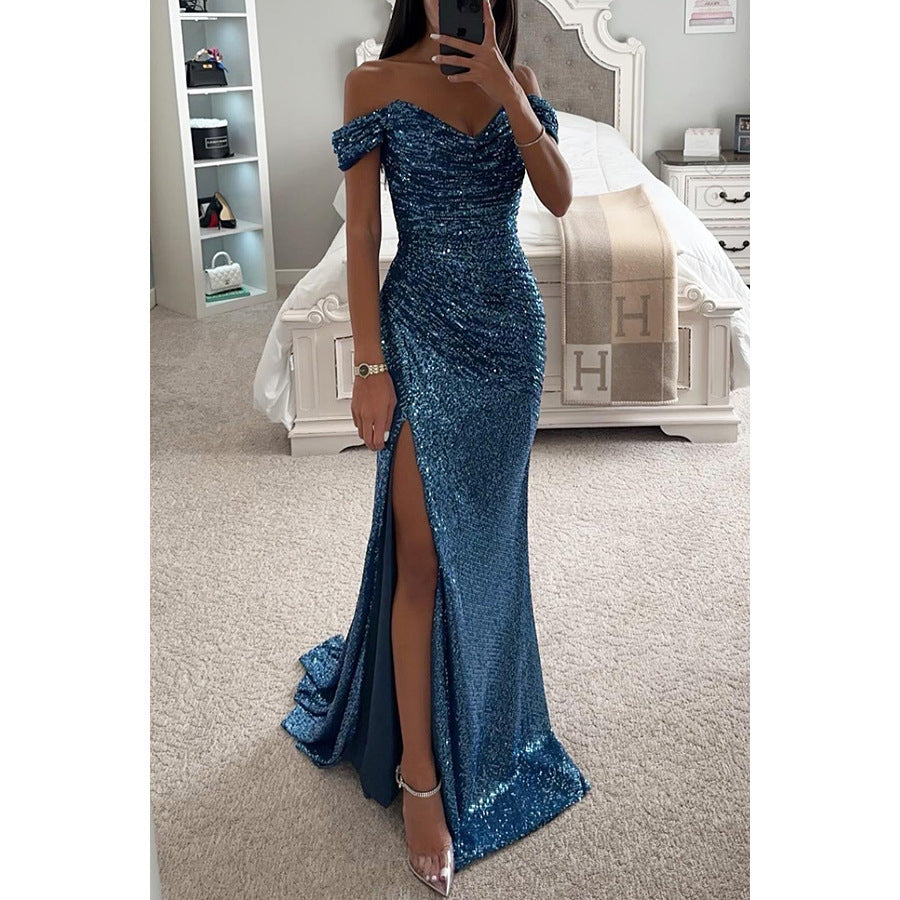 Off-Shoulder Sequin Evening Gown with High Slit - Elegant Formal Dresses - Peacock Blue - Evening Dresses - Carvan Mart