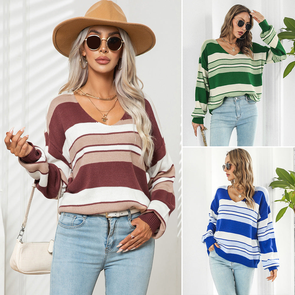 Women's Fashionable Loose Striped V-neck Long-sleeved Sweater - - Winter Tops - Carvan Mart