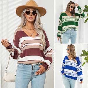 Women's Fashionable Loose Striped V-neck Long-sleeved Sweater - Carvan Mart