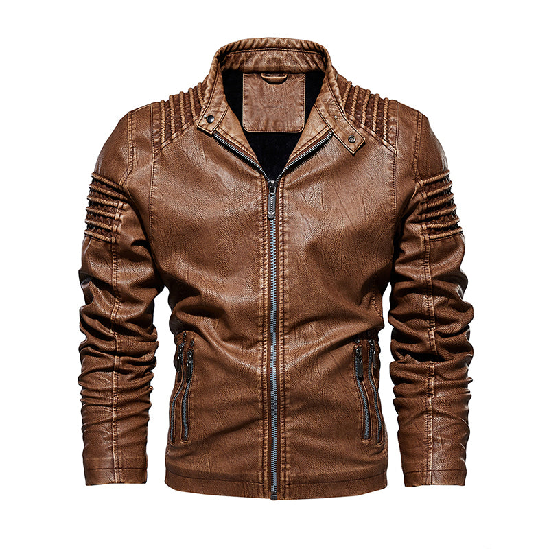 Men Leather Jacket Winter And Autumn Motorcycle PU Warm Fashion - Brown - Genuine Leather - Carvan Mart