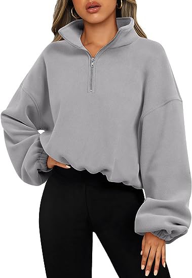 European And American Half Zipped Stand Collar Drawstring Hem Polar Fleece Shirt - Gray - Tops & Tees - Carvan Mart