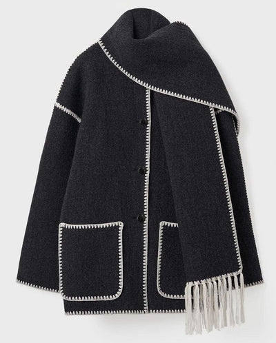 Women's Woolen Coat With Scarf Tassel Lady Office Streetwear Jacket - Carvan Mart
