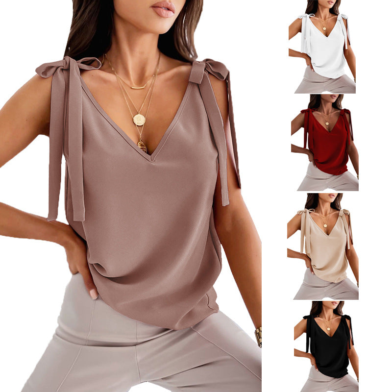 Bowknot Tie Up Camisole V-neck Shirt Women Summer Sleeveless Tank Top - Carvan Mart