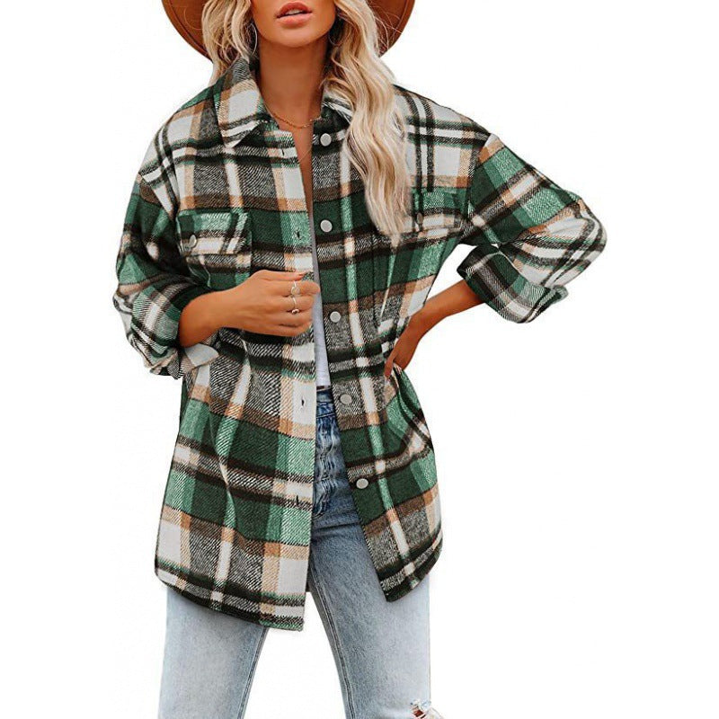 Women's Fashionable Woolen Plaid Shirt Jacket - Green - Blouses & Shirts - Carvan Mart