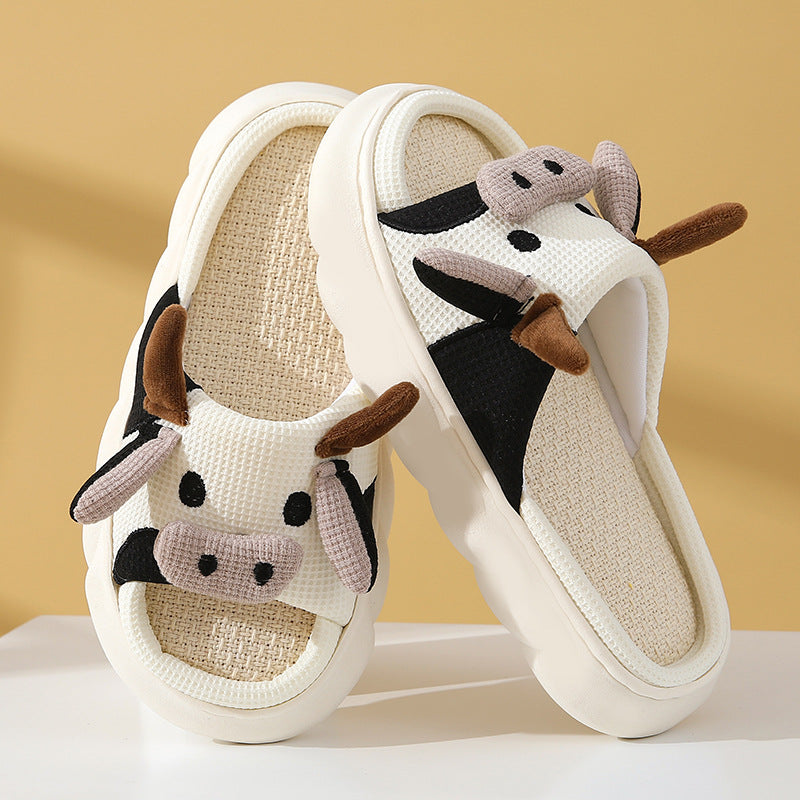 Cute Cartoon Cow Frog Slippers Linen Non-slip Shoes Indoor Garden Home Slippers - - Women's Slippers - Carvan Mart