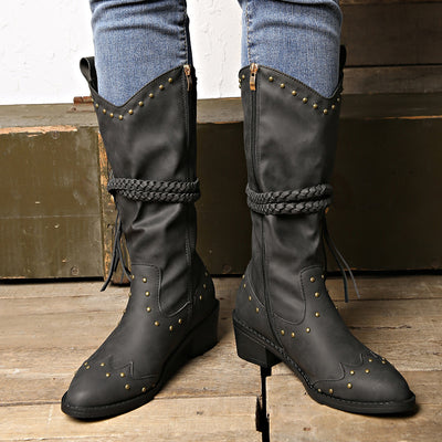 Women's Western Style Mid-Calf Cowboy Boots - Vintage Leather Look with Tassels and Buckles - Black - Women's Shoes - Carvan Mart