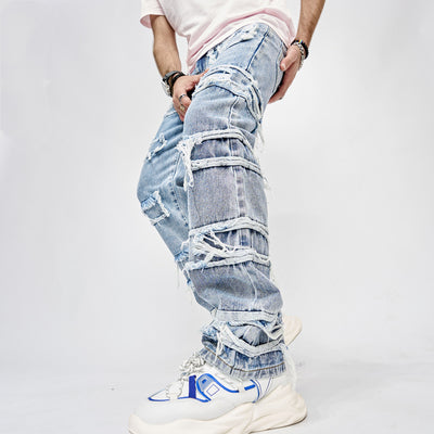 High Street Trouser Man's Pants Full Length Patched Straight Fit Hip Hop Jeans - - Men's Jeans - Carvan Mart