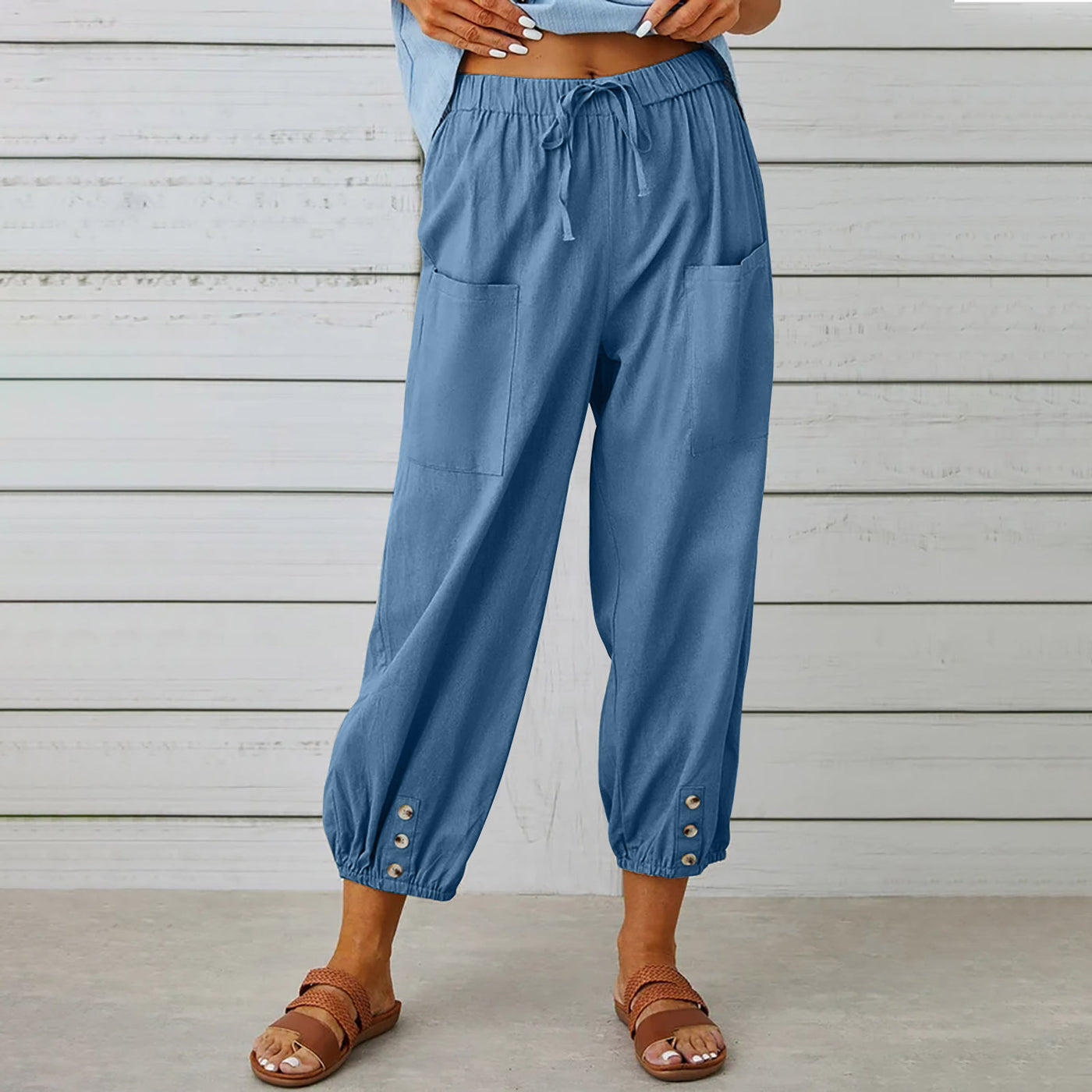 Women's Drawstring Tie Pants Cotton And Linen Trousers - Denim Blue - Pants & Capris - Carvan Mart