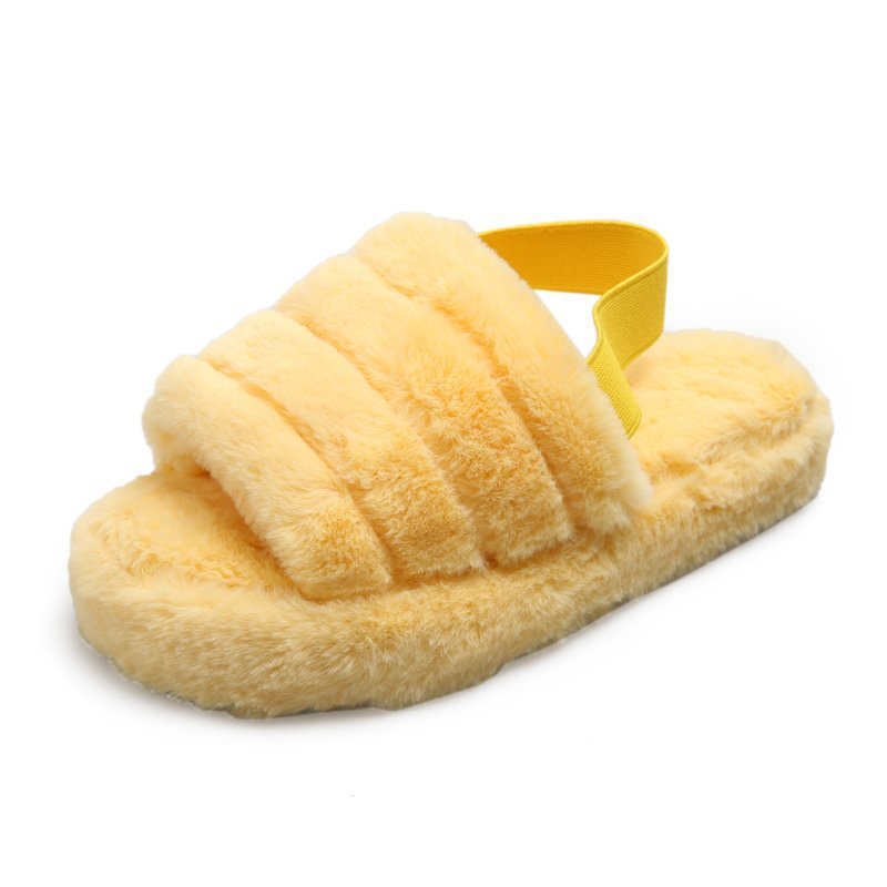 Women's Faux Fur Mule Slippers Wool Slippers Wedge Heel Warm Sandals - Yellow - Women's Slippers - Carvan Mart