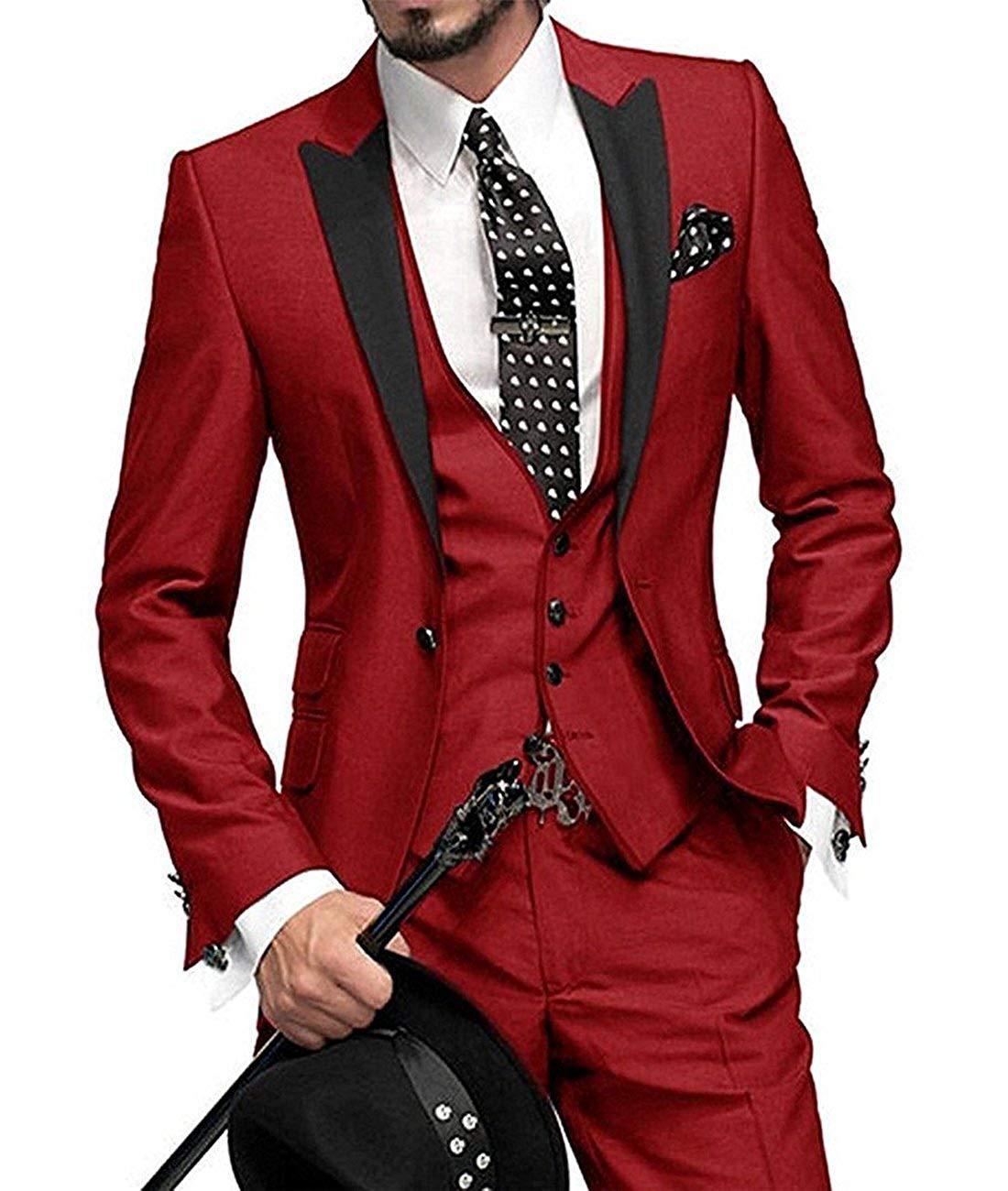 Three-Piece Slim Fit Men's Wedding Suit | Stylish Wedding Guest Outfit for All Seasons - Red - Men Suits & Sets - Carvan Mart