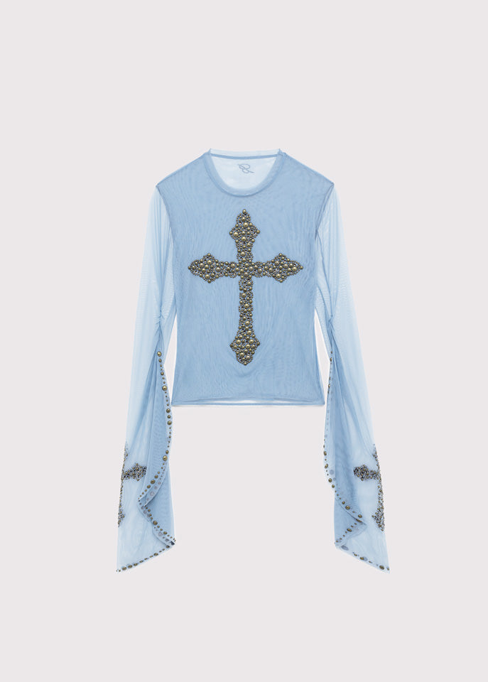 Hot Drill Printing Mesh Sleeve Round Neck Top - Carvan Mart