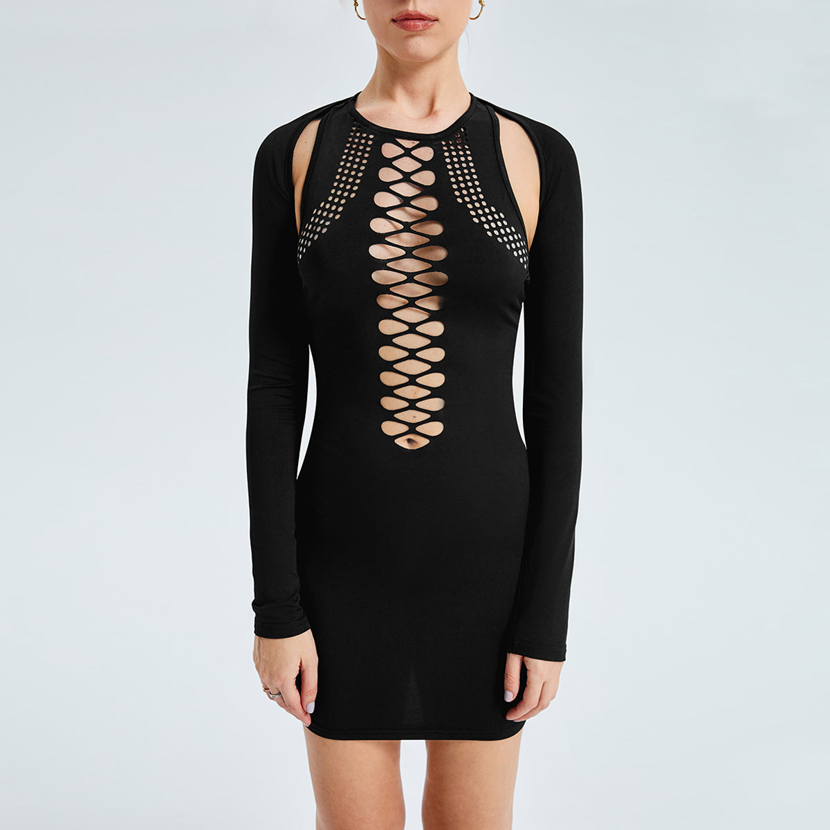 Hollow Off Shoulder Long Sleeve Women's Black Dress - Carvan Mart