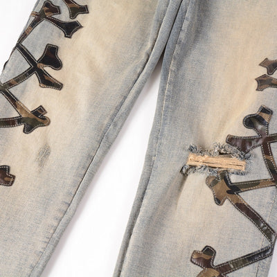 Men's Fashion Holes Bone Pattern Leather Stretch Skinny Jeans - - Men's Jeans - Carvan Mart