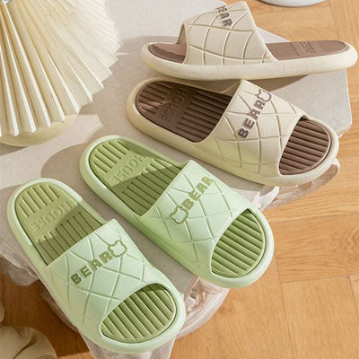 Bear House Shoes Anti-slip Striped Lozenge Texture Slippers For Women - Carvan Mart
