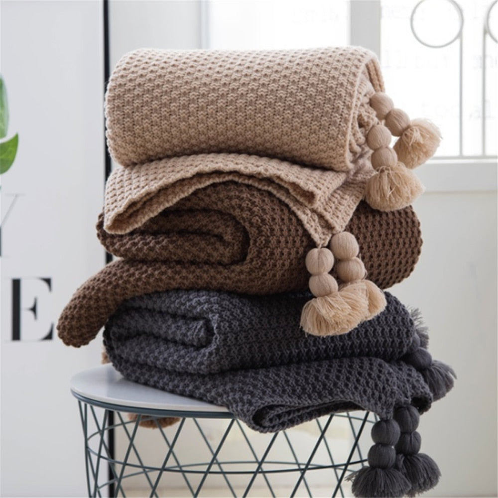 Nordic fringed knit ball blanket wool blanket office air conditioning lunch break blanket shawl blanket sofa leisure blanket blanket - - Bedding Sets - Carvan Mart