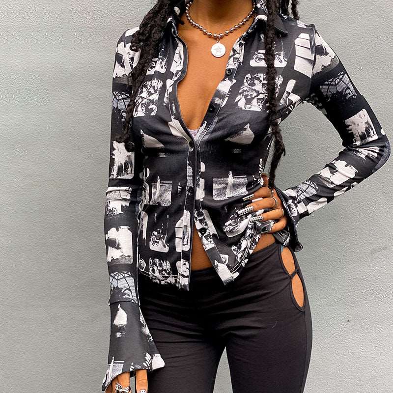 Printed Lapel Cardigan Single-breasted Long-sleeved Casual Top Shirt - - Blouses & Shirts - Carvan Mart