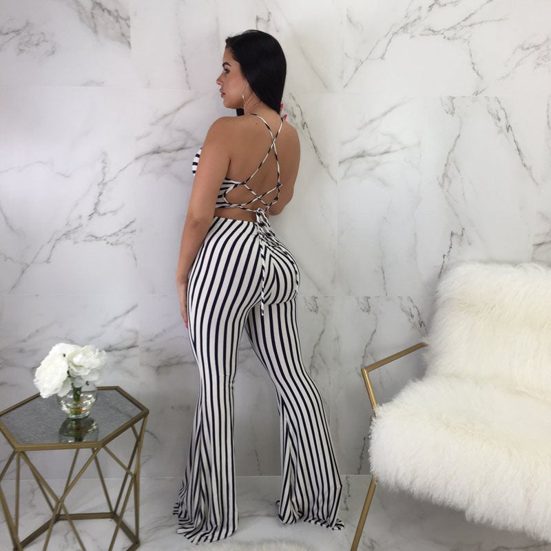 Striped Belted Overall Jumpsuit Women's Slim-fit Jumpsuit - - Jumpsuits & Rompers - Carvan Mart