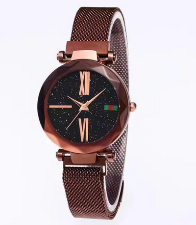 Luxury Women Watches Mesh Ladies Clock Magnet Buckle Starry Diamond Geometric Surface Quartz Wristwatch - Brown - Women's Watches - Carvan Mart