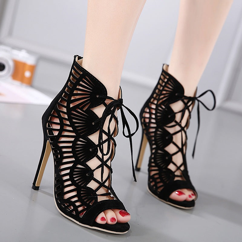 Women's Stilettos Peep Toe Pumps Sandal Hollow Black High Heel Shoes - - High Heels - Carvan Mart