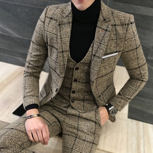 Men's Three Piece Suit Thick Slim Fit Plaid Wedding Suits - Carvan Mart