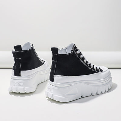 Chunky Platform High Top Sneakers - Trendy Black and White Canvas Shoes for Women - - Women's Shoes - Carvan Mart