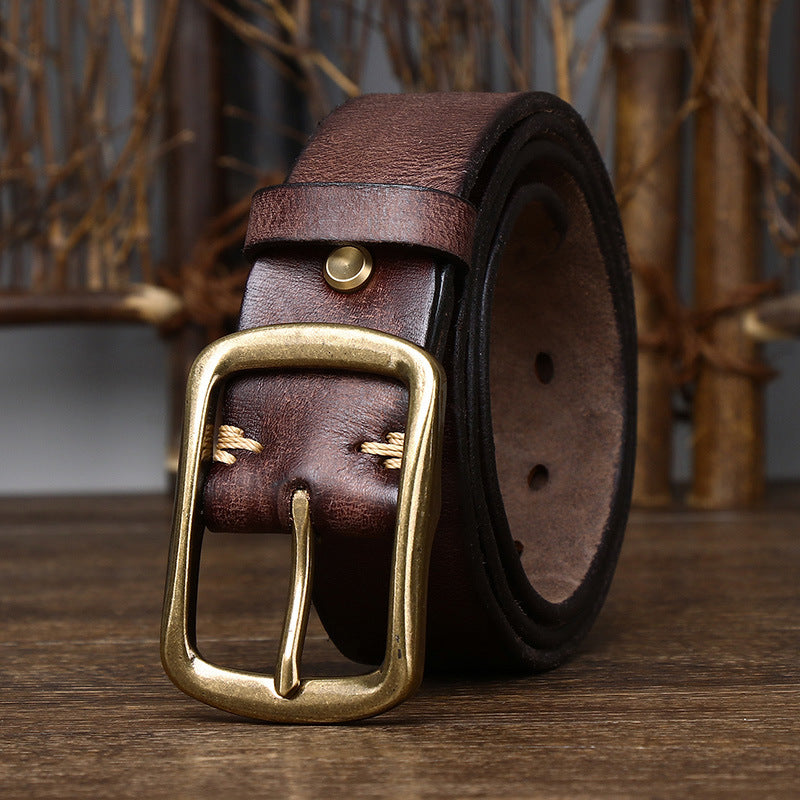 Men's Cowhide Vintage Distressed Pleated Brass Buckle Belt - - Men's Belts - Carvan Mart